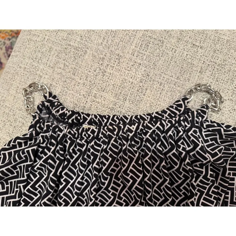 Michael Kors Black White Heri-Print Silver Chain Cold Shoulder Top Blouse Size M